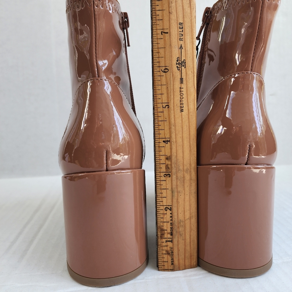 Madden NYC Caramel Tan Patent Leather Side Zip Block Heeled Almond Toe Bootie - Picture 5 of 15